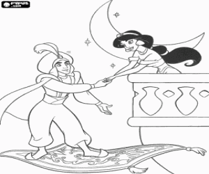 malvorlagen Aladdin auf fliegenden teppich im gespr�ch mit Prinzessin Jasmin auf dem balkon unter dem mondlicht und den sternen ausmalbilder
