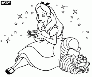 malvorlagen Alice mit einer Tasse Tee und die magische Katze an ihrer Seite ausmalbilder