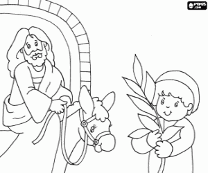 malvorlagen Am Palmsonntag, ein Kind mit einer Lorbeerzweig vor Jesus ausmalbilder
