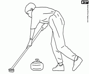 malvorlagen Athlet Eisstockschie�en Curling, einen Spieler oder Lockenwickler schieben einen Stein auf ein Zielgebiet und die Kehrmaschinen mit Besen begleiten ausmalbilder