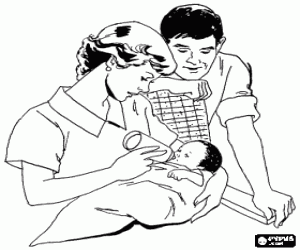 malvorlagen Baby das sein babyflasche in den armen seiner mutter und unter dem wachsamen auge des vater ausmalbilder