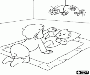 malvorlagen Baby gestreckt auf dem boden auf seiner decke und mit einem h�ngenden mobile, spielt mit seinem �lteren bruder ausmalbilder