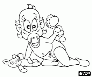 malvorlagen Baby mit einem lutscher in seinem mund, einer rassel und einem teddy b�r  in den h�nden ausmalbilder