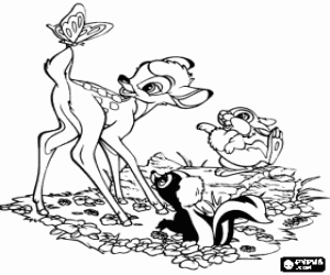 malvorlagen Bambi mit seine freunde Blume und Klopfer im wald spielt mit einem schmetterling ausmalbilder