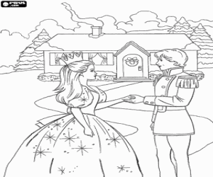 malvorlagen Barbie in ein elegantes Kleid und der Prinz mit seiner Uniform vor einem haus f�r Weihnachten ausmalbilder