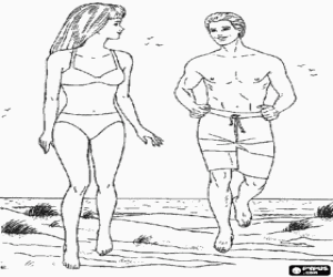 malvorlagen Barbie und Ken am strand, mit bikini und badeshorts ausmalbilder
