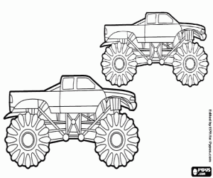 malvorlagen Bigfoot Monster Trucks Racing in einem Wettbewerb, Pickup-Trucks mit gro�en R�dern ausmalbilder