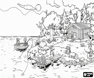 malvorlagen Blick vom eines familienfeiertagstages, fischend auf dem ufer von einem see mit einem hafen und einem h�uschen ausmalbilder