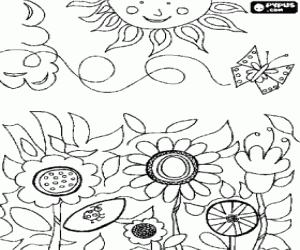 malvorlagen Blumen auf dem gebiet mit einem schmetterling fliegen und die sonne auf dem gipfel ausmalbilder