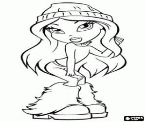 malvorlagen Bratz im Winter mit warmer Kleidung, M�tze, Rollkragenpullover und pelzige Stiefel ausmalbilder