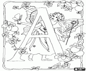 malvorlagen Buchstabe A mit einer fee mit ihr zauberstab und einem schmetterling und umgeben von blumen ausmalbilder