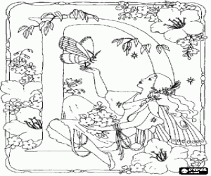 malvorlagen Buchstabe D mit einer fee mit einem schmetterling und umgeben von blumen ausmalbilder