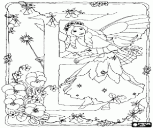 malvorlagen Buchstabe E mit einer fee mit ihr zauberstab gerade einem singvogel und umgeben von blumen ausmalbilder