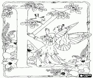 malvorlagen Buchstabe K mit einer fee gerade eine vogel und umgeben von blumen ausmalbilder