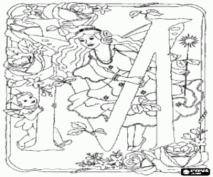 malvorlagen Buchstabe M mit einer fee mit ihr zauberstab, eine kobolde und umgeben von blumen ausmalbilder