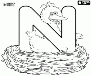 malvorlagen Buchstabe N mit Big Bird im Nest ausmalbilder