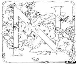 malvorlagen Buchstabe N mit einer fee gerade eine libelle und umgeben von blumen ausmalbilder