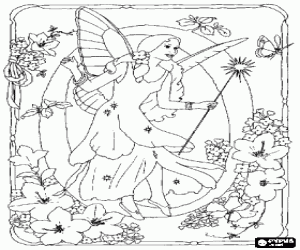 malvorlagen Buchstabe O mit einer fee mit ihr zauberstab gerade einem schmetterling und umgeben von blumen ausmalbilder