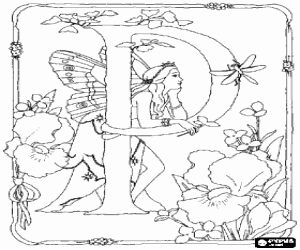 malvorlagen Buchstabe P mit einer fee gerade eine libelle und umgeben von blumen ausmalbilder