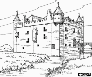malvorlagen Burg oder befestigten turm, umgeben von einem fluss und den zugang durch eine zugbr�cke ausmalbilder