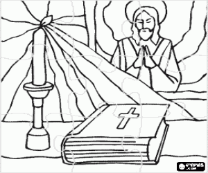malvorlagen Christentum puzzle - Die Bibel und eine brennende kerze auf dem altar mit einem bild von Jesus in den hintergrund ausmalbilder