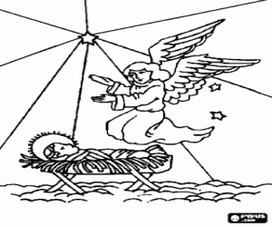 malvorlagen Das Jesuskind in der krippe mit dem schutz eines engels und unter das licht des Stern von Bethlehem ausmalbilder