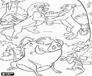 malvorlagen Das Treffen von Simba und Nala, mit Timon und Pumbaa ausmalbilder