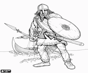 malvorlagen Das Wikingerausschiffen seines bootes bewaffnete vollst�ndig und mit dem schild und der lanze in den h�nden ausmalbilder