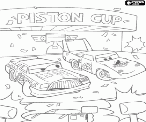 malvorlagen Der ber�hmte und Lieblings-Rennwagen bei der Pr�sentation des Piston Cup, Der K�nig und Chick Hicks unter den Blitzen der Fotografen ausmalbilder