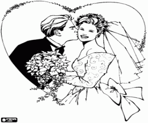malvorlagen Der Br�utigam k�sst die Braut nach der Hochzeit in ein gro�es Herz ausmalbilder