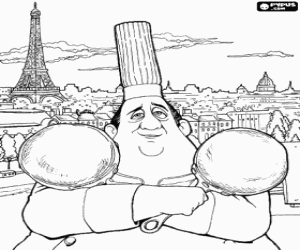 malvorlagen Der K�chenchef Auguste Gusteau mit zwei Pfannen in der Stadt Paris mit dem Eiffelturm im Hintergrund ausmalbilder