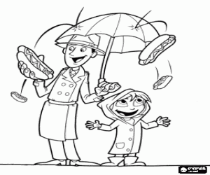 malvorlagen Der Regen von Lebensmitteln ist gekommen, ein Mann mit einem Regenschirm und seine Tochter gl�cklich mit dem Regen von Hot Dogs ausmalbilder