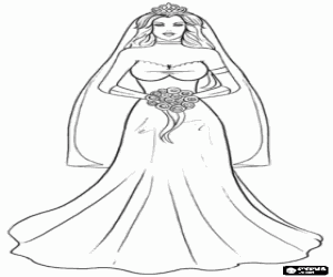 malvorlagen Die Braut am Hochzeitstag mit dem langen Kleid, Schleier mit Diadem und Bukett ausmalbilder