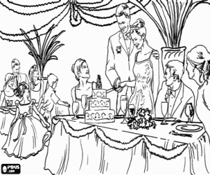 malvorlagen Die Braut und Br�utigam schneiden die Hochzeitstorte bei Hochzeitsfeier ausmalbilder