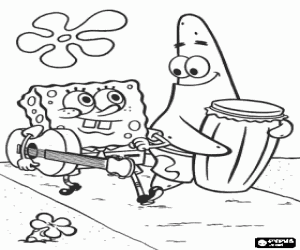 malvorlagen Die Freunde SpongeBob und Patrick mit ihren Musikinstrumenten: eine Gitarre und ein Bass-Drum ausmalbilder