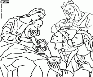 malvorlagen Die Heilige Drei K�nige ihre gaben, gold, weihrauch und myrrhe, das Kind Jesus in den armen seiner mutter Mary ausmalbilder