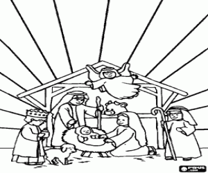 malvorlagen Die Heilige Familie im stall mit dem ochsen und dem esel, einen fliegenden engel, ein hirte mit einem schaf und einem K�nig ihre gaben zu Jesus ausmalbilder