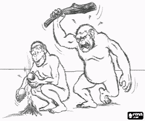 malvorlagen Die Hominiden-Angriffe von hinten mit einem Stock, w�hrend sein Gegner besetzt ist ein Feuer anz�ndet ausmalbilder