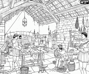 malvorlagen Die k�che von einer burg oder schloss mit den bediensteten der zubereitung von mahlzeiten ausmalbilder