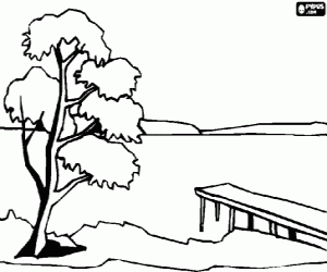 malvorlagen Die ruhigen gew�sser des sees mit einem pier und einem baum in den vordergrund ausmalbilder