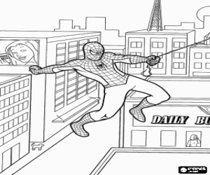 malvorlagen Die superhelden Spiderman springt zwischen den geb�uden in der stadt mit seinen spinnennetz ausmalbilder