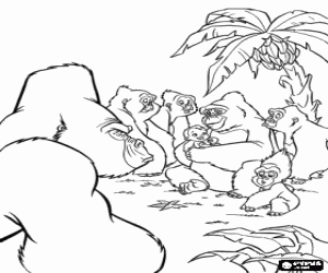malvorlagen Die Tarzan Baby in den armen seiner adoptivmutter, Kala der gorilla, mit dem rest der packung und unter den blicken der Kerchak, die dominierende m�nnlich ausmalbilder