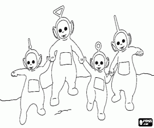 malvorlagen Die Teletubbies gehen zusammen mit h�nden: Laa-Laa, Tinky Winky, Po und Dipsy ausmalbilder