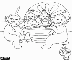 malvorlagen Die vier Teletubbies mit die l�tzchen in der tabelle auf mahlzeiten ausmalbilder