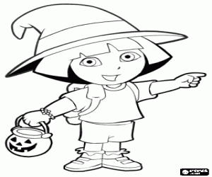 malvorlagen Dora auf der Halloween-Abend mit einem K�rbis und eine Hexe Hut ausmalbilder
