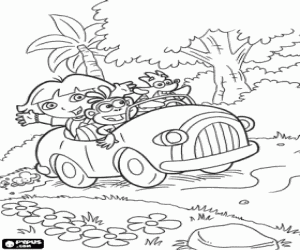 malvorlagen Dora und ihre Freunde in einem kleinen Auto durch den Dschungel ausmalbilder