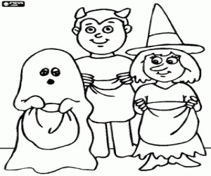 malvorlagen Drei kinder geleimtes trick oder behandeln - Ein gespenst, eine hexe und ein d�mon mit beutel ausmalbilder
