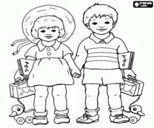 malvorlagen Ein junge und ein m�dchen, die jeweils mit einem buch, einem kleinen koffer und ein spielzeug ente ausmalbilder