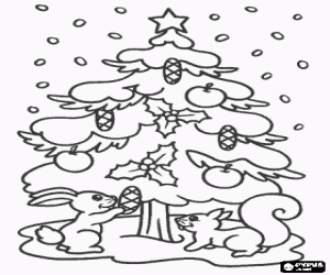malvorlagen Ein Kaninchen und ein Eichh�rnchen neben einem Weihnachtsbaum mit einem Stern dekoriert, Tannenzapfen, �pfel und Stechpalmenbl�tter im dichten Schneegest�ber ausmalbilder