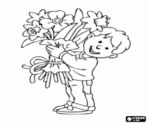 malvorlagen Ein Kind mit einem Geschenk f�r seine Mutter einen gro�en Strau� Blumen ausmalbilder